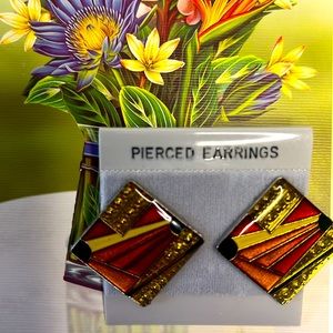 Vintage gold tone pierced earrings diamond shape geometric metal red gold black